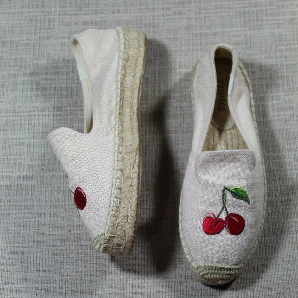 Soludos 7.5 Neutral Canvas Cherry Print Embroidered Platform Espadrilles Shoes